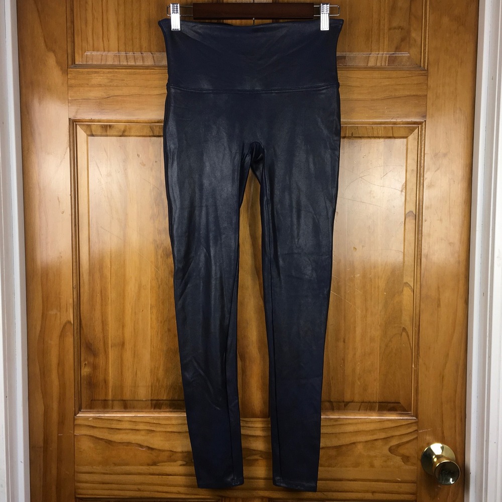 Spanx Blue Faux Leather‎ Leggings L Shiny Finish Sculpting High Rise Edgy Pants